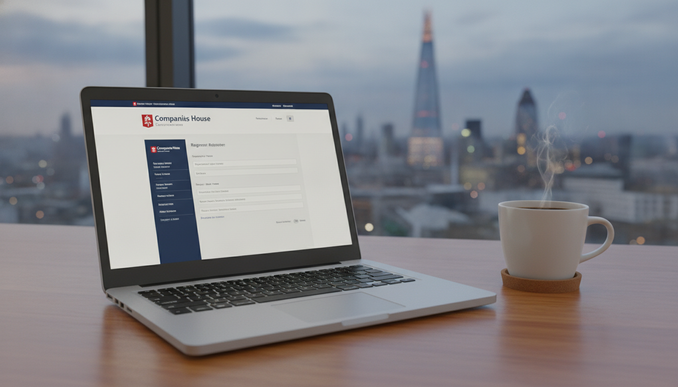 A high-quality, photorealistic shot of a modern laptop on a wooden desk showing a UK Companies House registration page, with a cup of coffee and a view of the London skyline in the blurred background.