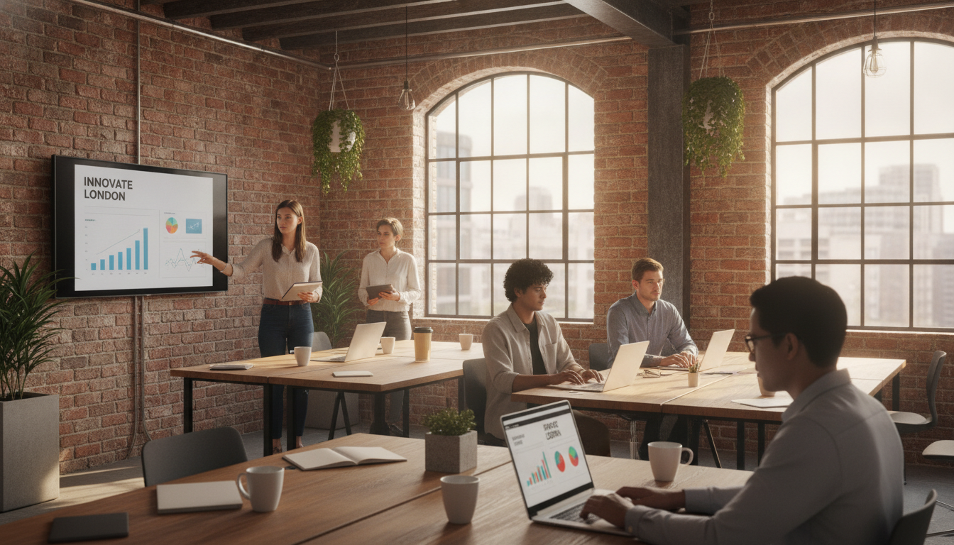 A diverse group of young entrepreneurs in a brightly lit, modern co-working space in London, featuring industrial decor, laptops, and coffee cups, photorealistic style, high resolution.