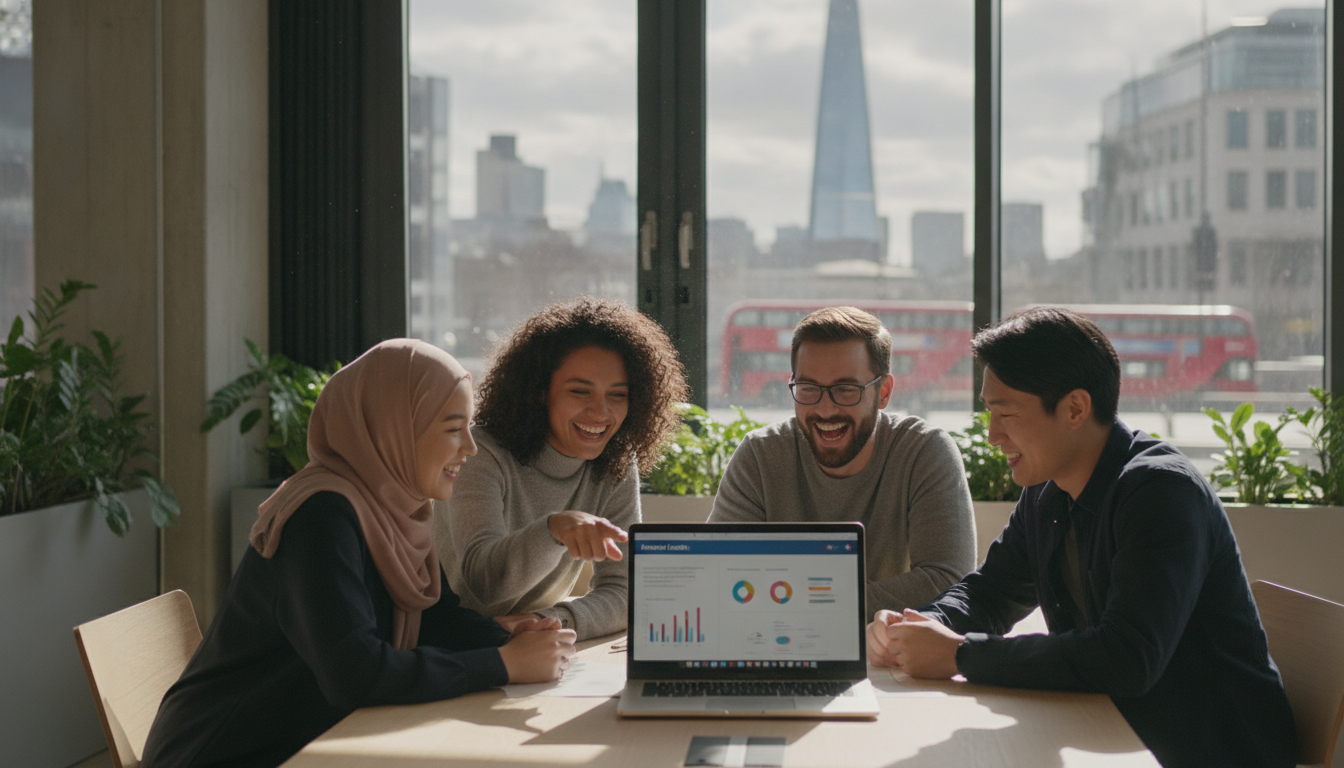 A photorealistic and detailed image of a diverse group of young entrepreneurs in a modern, sunlit co-working space in London. They are looking at a laptop screen and smiling, with a blurred view of the London skyline and iconic red buses through the large glass window in the background, cinematic lighting, high resolution.