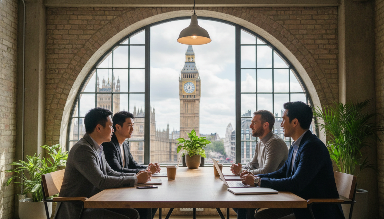 A professional yet casual photo of a diverse group of entrepreneurs sitting in a bright, modern London co-working space, with Big Ben visible through a large window in the background, high quality, photorealistic, cinematic lighting