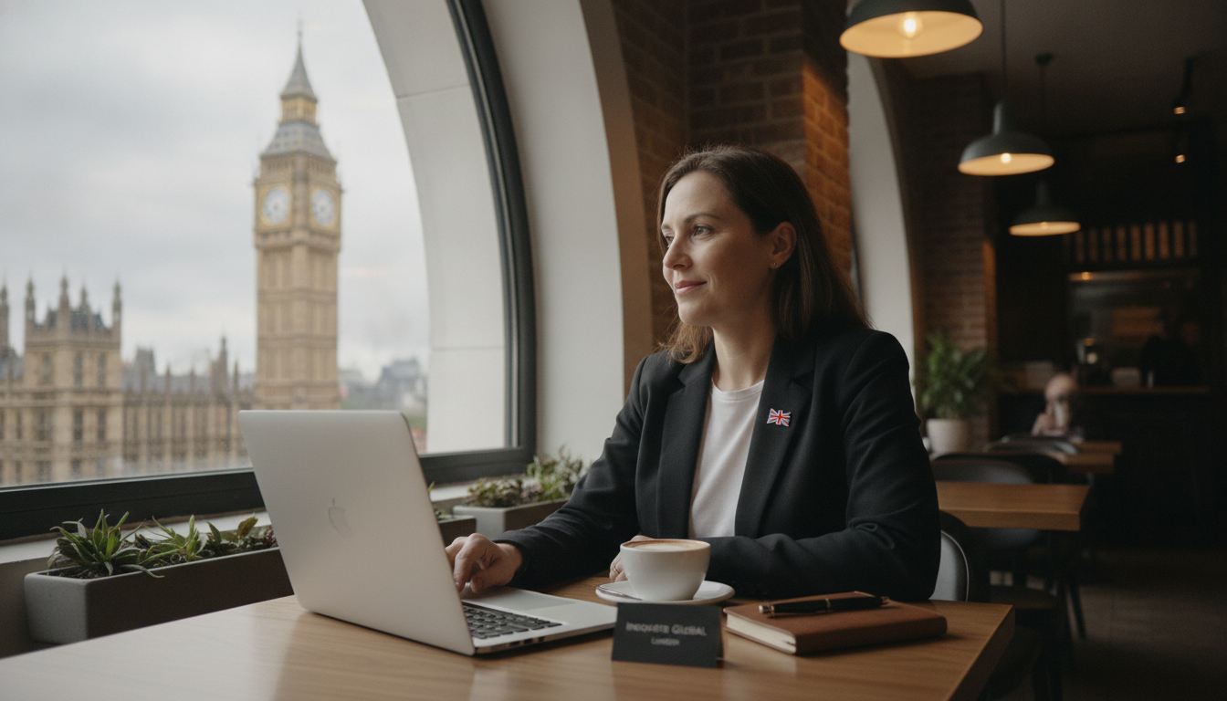 A professional yet relaxed person sitting in a modern London cafe with a laptop, looking at the Big Ben through the window, symbolizing a digital nomad or foreign entrepreneur starting a business in the UK, photorealistic, 4k, cinematic lighting.