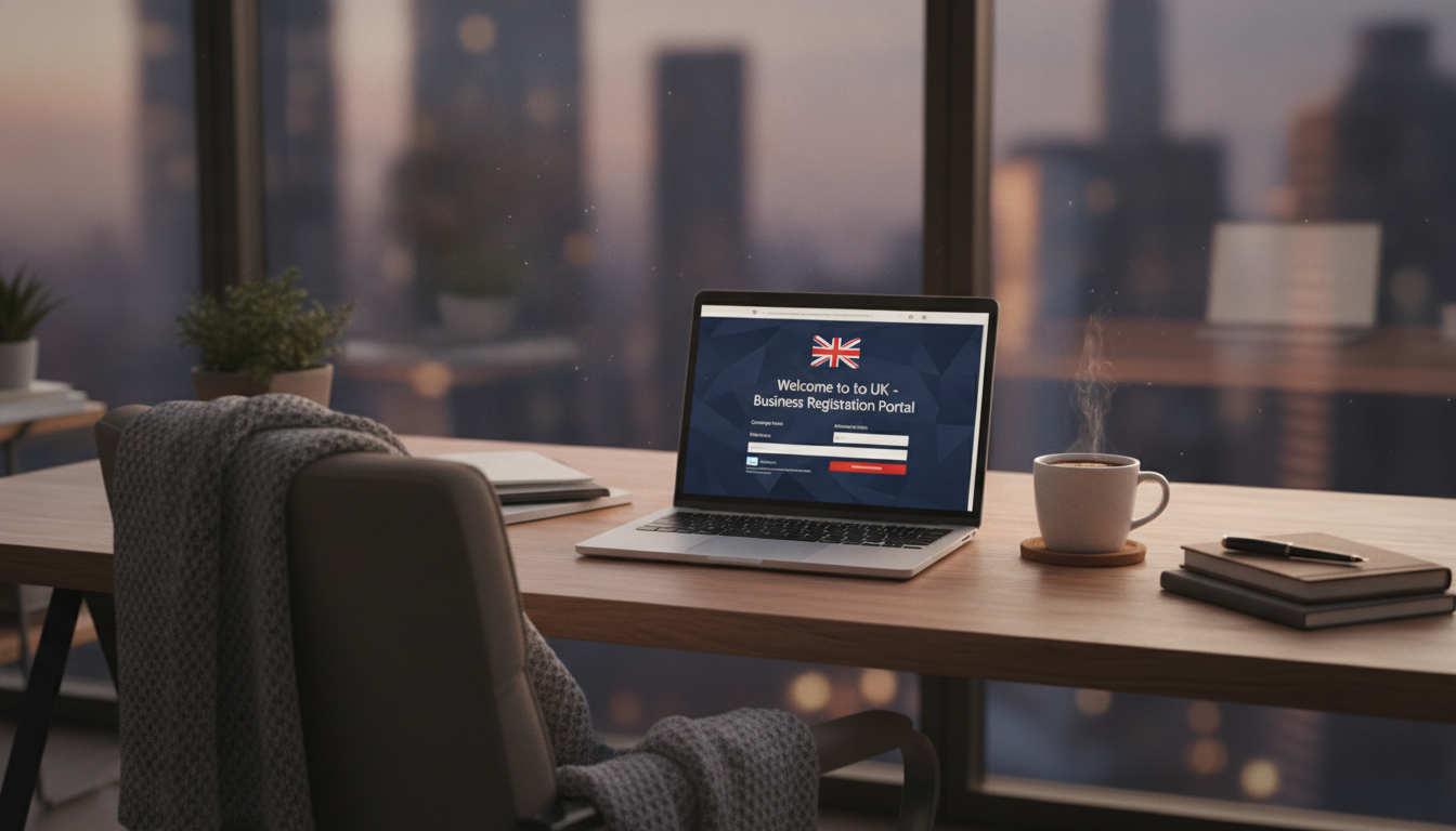 A professional and cozy home office setup with a laptop displaying a 'Welcome to the UK' business registration website, a cup of coffee on the side, and a blurred view of a modern city through the window, highly detailed and photorealistic.