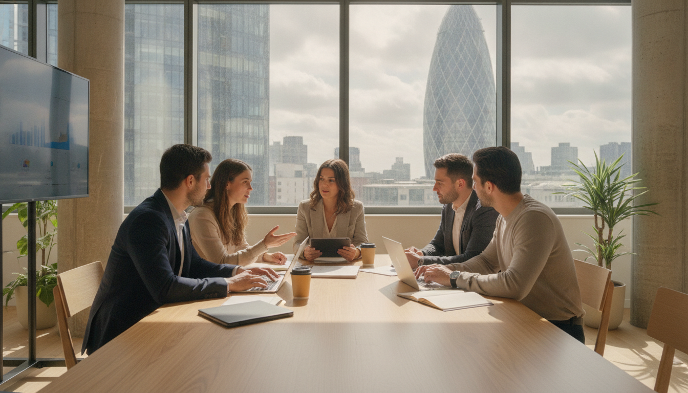 A high-quality, photorealistic shot of a diverse group of young professional expats collaborating around a wooden table in a bright, modern London co-working space, with a view of the Gherkin building through the window in the background.