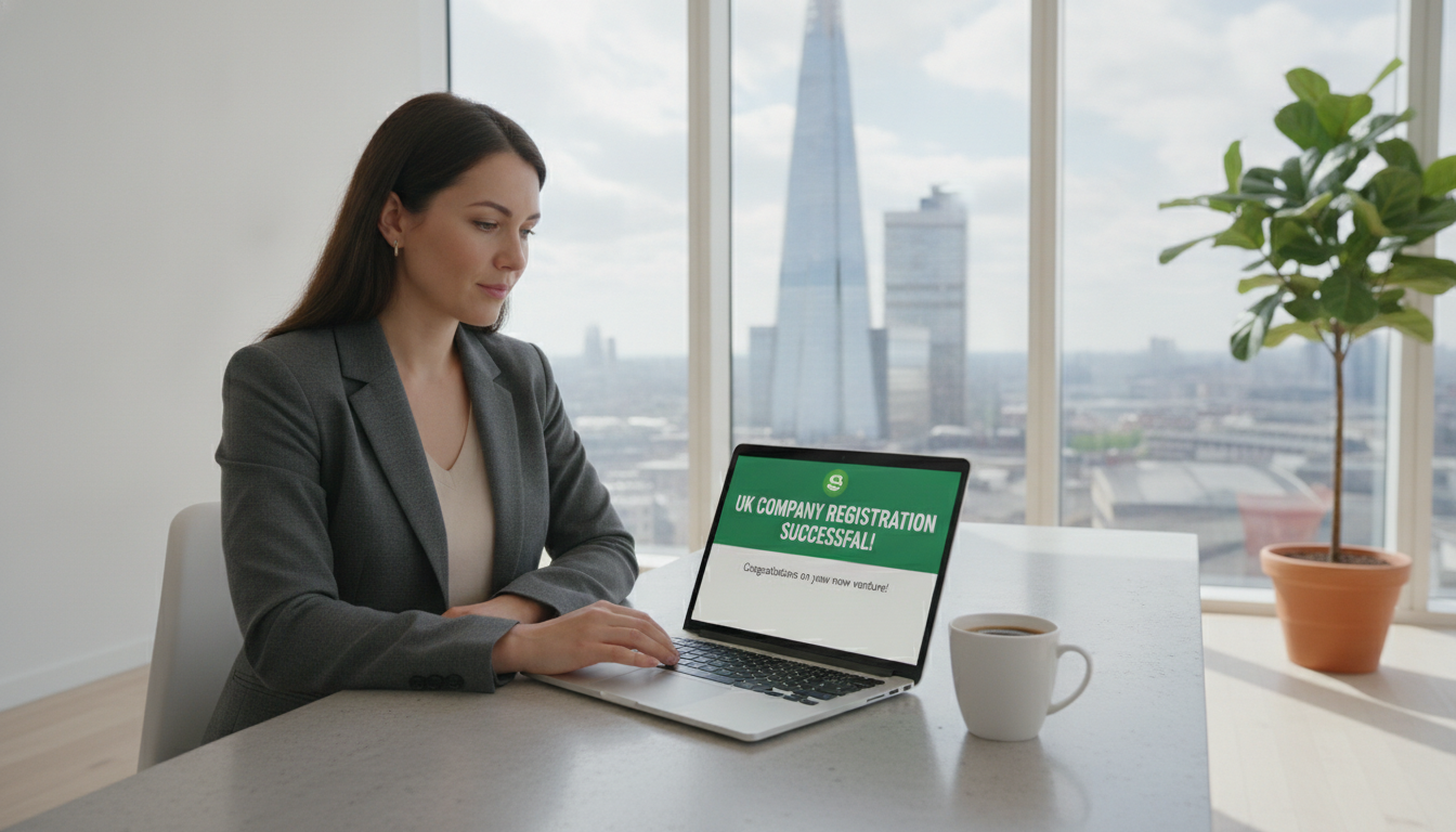 A high-quality, photorealistic image of a modern entrepreneur sitting in a bright, minimalist office in London. On their desk is a sleek laptop showing a 'UK Company Registration' success screen, with a cup of coffee and a view of the Shard skyscraper through the window in the background.