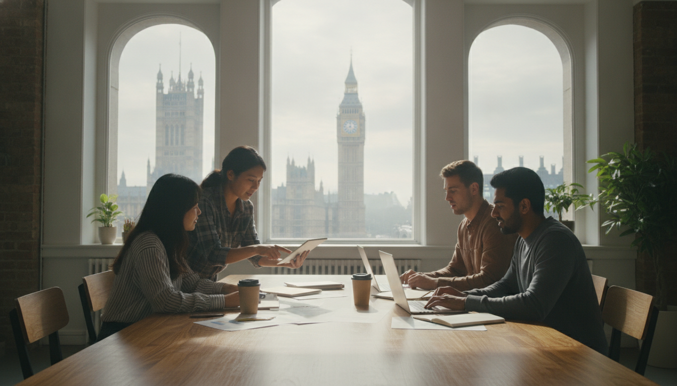 A diverse group of young entrepreneurs collaborating in a bright, modern co-working space in London with a view of the Big Ben through the window, photorealistic style, soft natural lighting, high resolution.