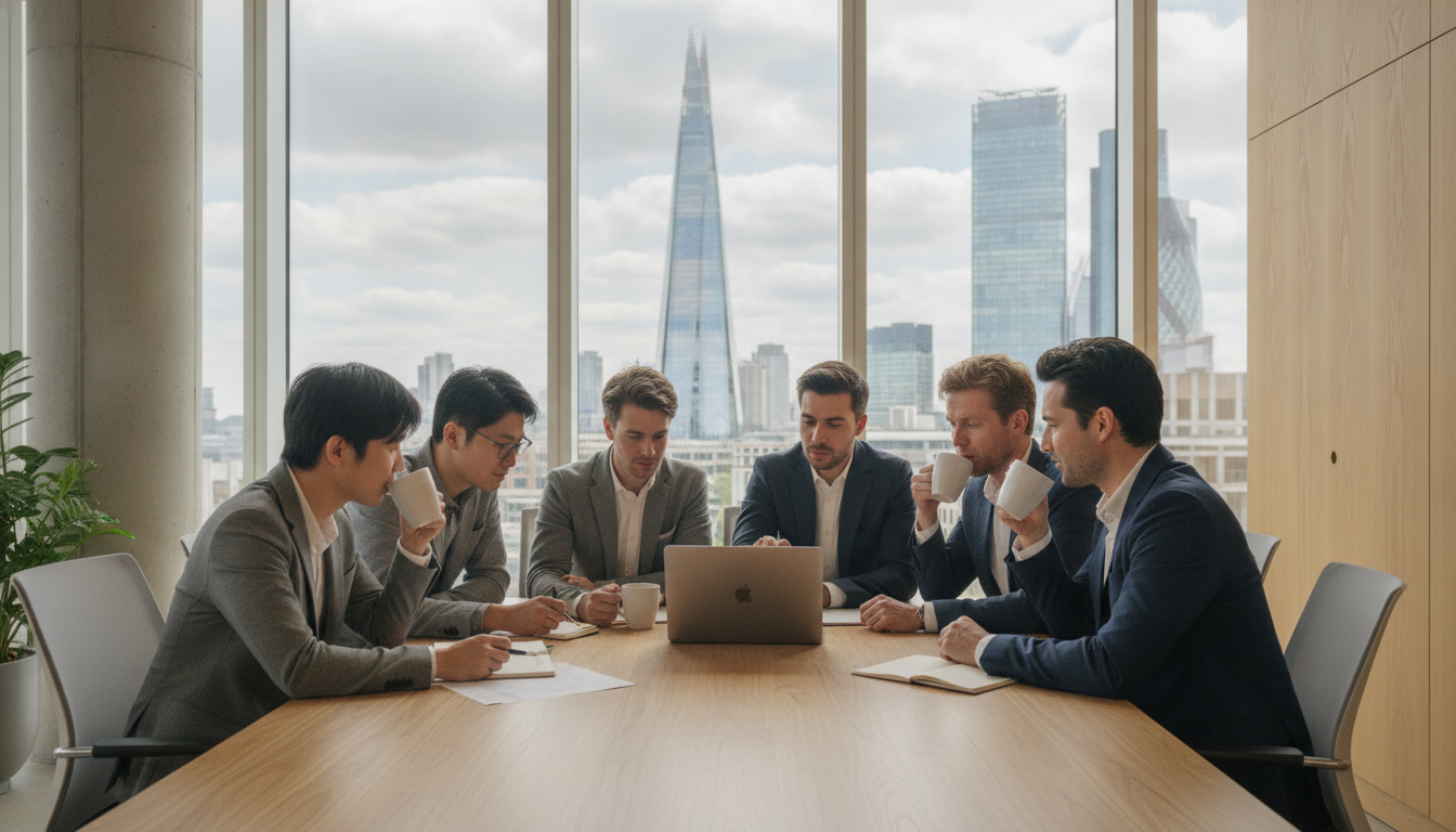 A diverse group of entrepreneurs sitting in a modern, bright London co-working space with a view of the Shard in the background, drinking coffee and looking at a laptop, high-quality professional photography, natural lighting.
